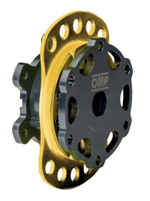 Close-up of a two-piece automotive rotor/hub assembly with a gold perforated ring and black mounting plate, branded OMP.