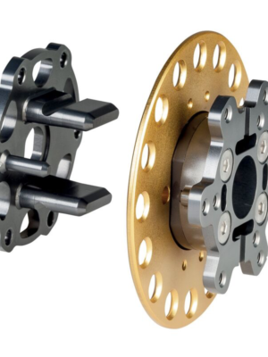 Gold perforated brake rotor with circular holes and a gray mounting hub/adapter beside it, shown as disassembled components for a braking system.