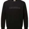 Black crewneck sweatshirt with a woven 'CARMERA' wordmark across the chest.