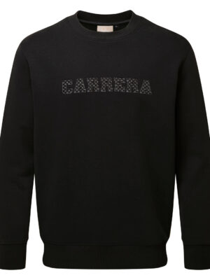 Black crewneck sweatshirt with a woven 'CARMERA' wordmark across the chest.