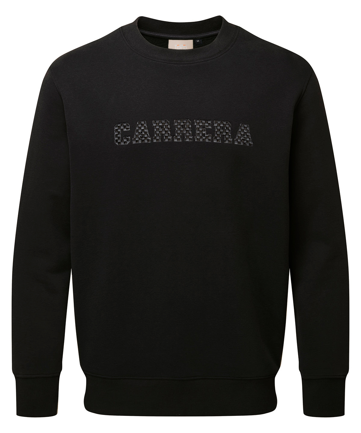 Black crewneck sweatshirt with a woven 'CARMERA' wordmark across the chest.