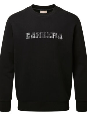 Black crew-neck sweatshirt with a white patterned 'CARRERA' logo across the chest.