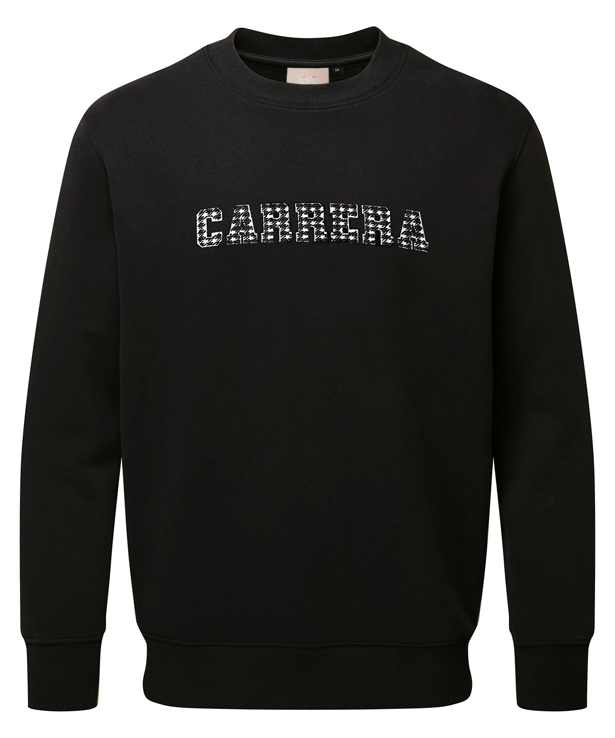 Black crew-neck sweatshirt with a white patterned 'CARRERA' logo across the chest.